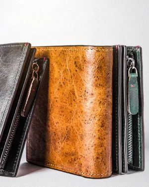 Handmade billfold wallet leather men zip multi cards vintage wallet for men