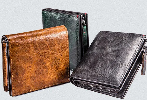 Handmade billfold wallet leather men zip multi cards vintage wallet for men