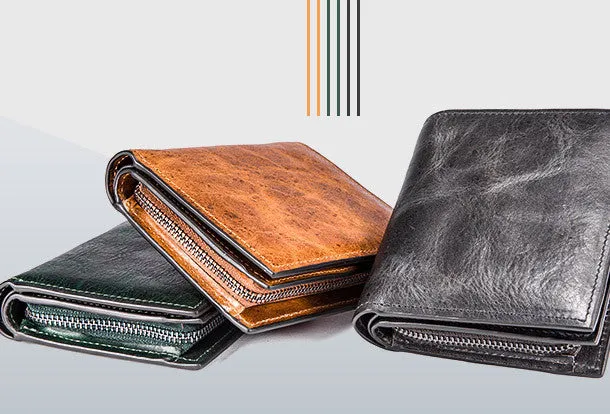 Handmade billfold wallet leather men zip multi cards vintage wallet for men