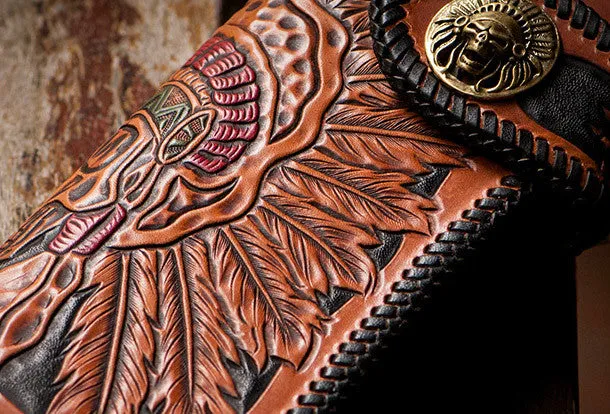 Handmade black leather indian skull carved biker wallet bifold long wallet for men