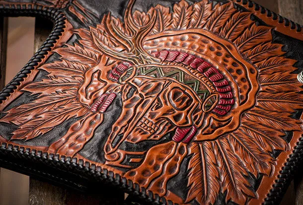 Handmade black leather indian skull carved biker wallet bifold long wallet for men