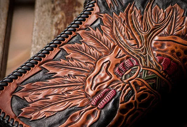 Handmade black leather indian skull carved biker wallet bifold long wallet for men
