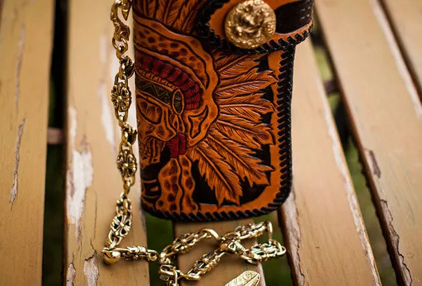 Handmade black leather indian skull carved biker wallet bifold long wallet for men