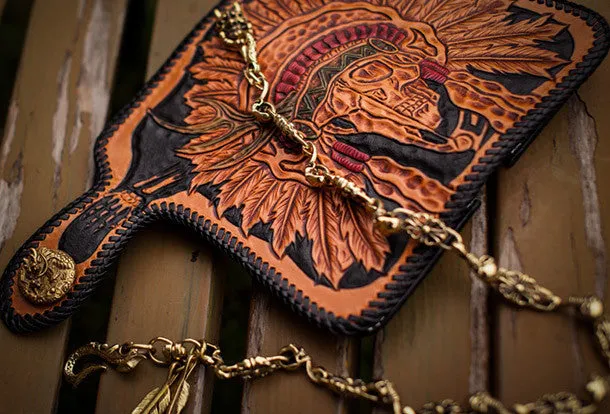 Handmade black leather indian skull carved biker wallet bifold long wallet for men