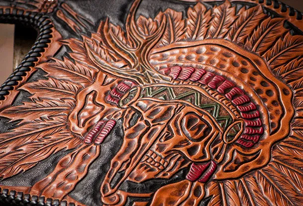 Handmade black leather indian skull carved biker wallet bifold long wallet for men