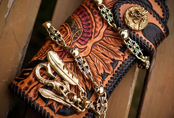 Handmade black leather indian skull carved biker wallet bifold long wallet for men