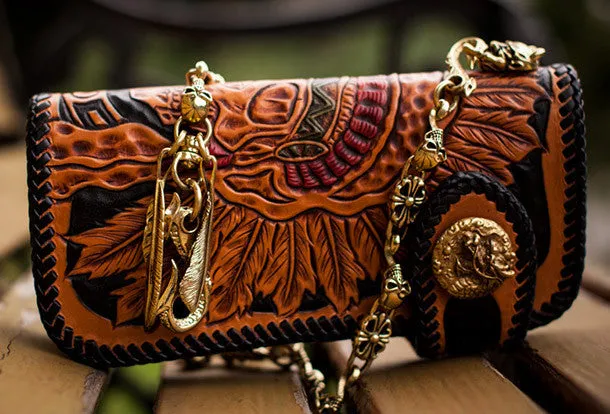 Handmade black leather indian skull carved biker wallet bifold long wallet for men