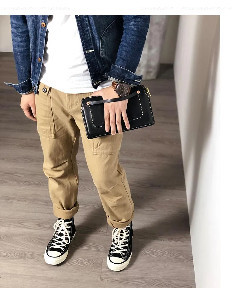 Handmade Black Leather Mens Cool Clutch Wallet Biker Clutch Brown Wristlet Wallet for Men