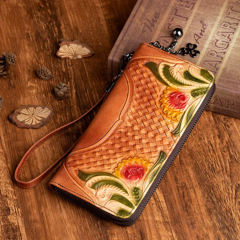Handmade Black Leather Wristlet Wallet Womens Floral Zip Around Wallets Flowers Ladies Zipper Clutch Wallet for Women