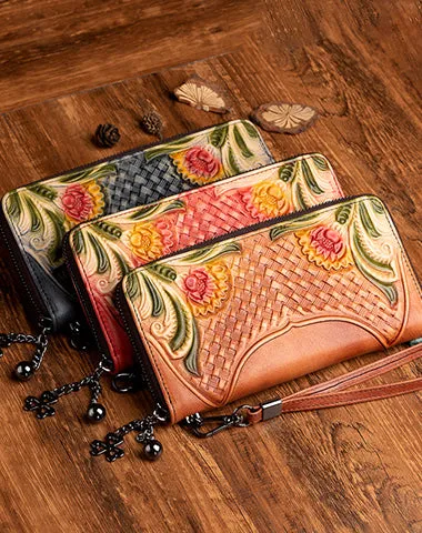Handmade Black Leather Wristlet Wallet Womens Floral Zip Around Wallets Flowers Ladies Zipper Clutch Wallet for Women