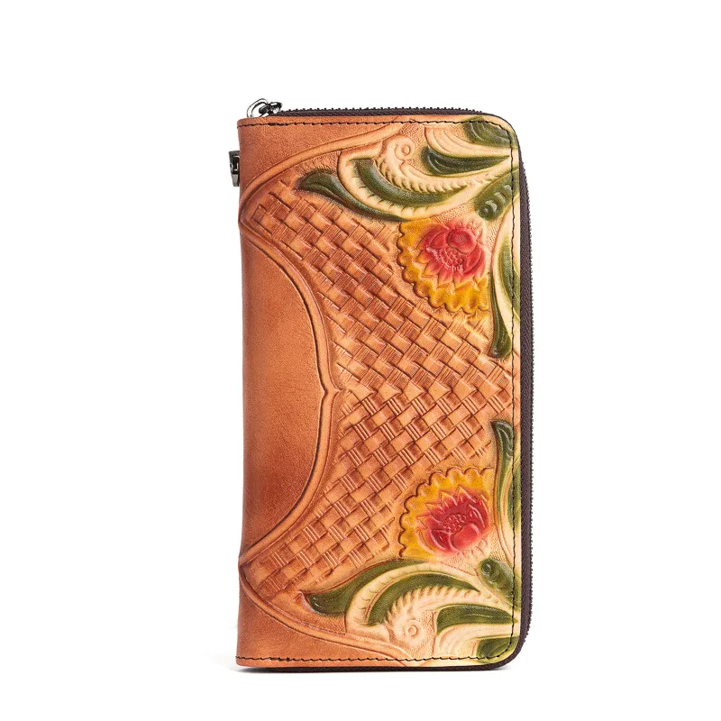 Handmade Black Leather Wristlet Wallet Womens Floral Zip Around Wallets Flowers Ladies Zipper Clutch Wallet for Women