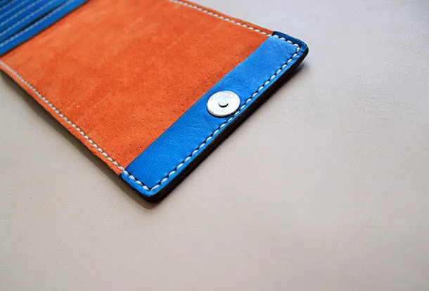 Handmade blue pretty fashion hand dyed leather billfold ID card wallet for women