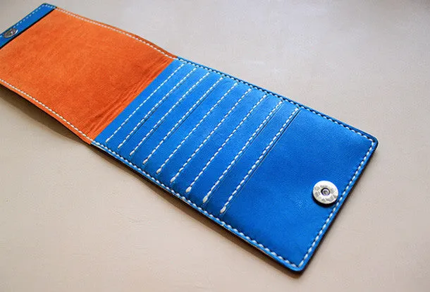 Handmade blue pretty fashion hand dyed leather billfold ID card wallet for women