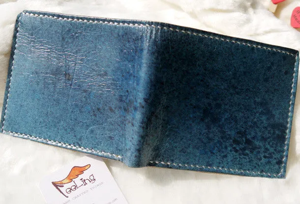 Handmade blue vintage leather billfold ID card photo holder bifold wallet for women girl