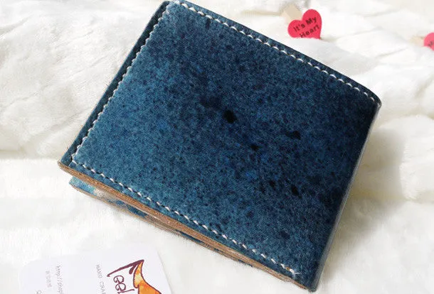 Handmade blue vintage leather billfold ID card photo holder bifold wallet for women girl