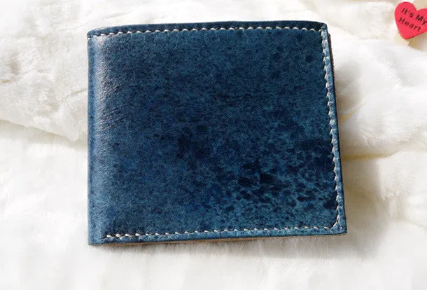 Handmade blue vintage leather billfold ID card photo holder bifold wallet for women girl