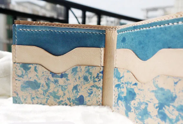 Handmade blue vintage leather billfold ID card photo holder bifold wallet for women girl