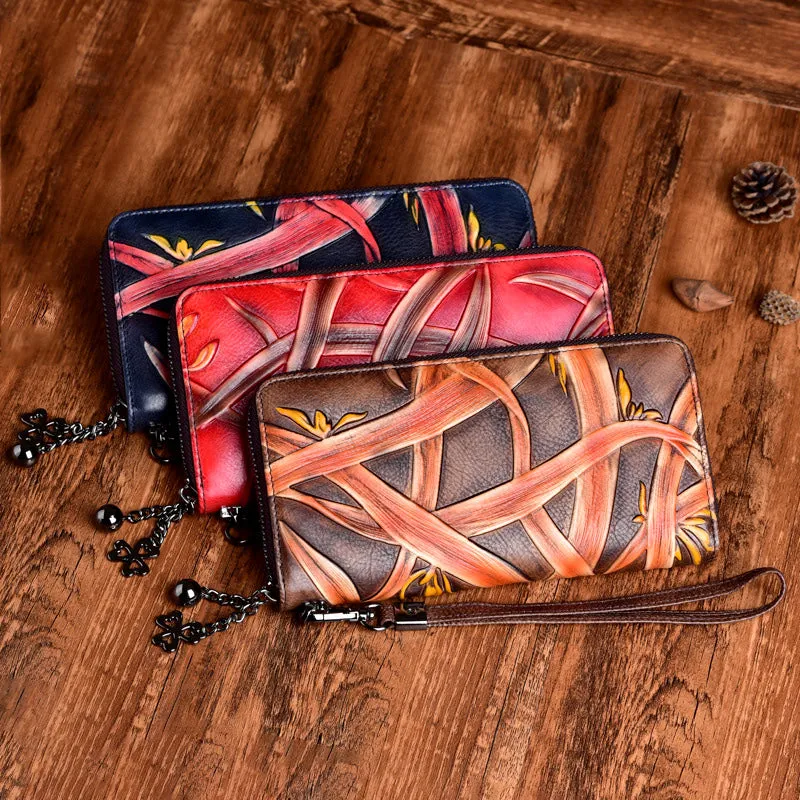 Handmade Bracketplant Brown Leather Wristlet Wallet Womens Zip Around Wallets Flowers Ladies Zipper Clutch Wallet for Women