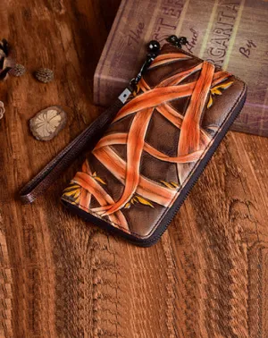 Handmade Bracketplant Brown Leather Wristlet Wallet Womens Zip Around Wallets Flowers Ladies Zipper Clutch Wallet for Women