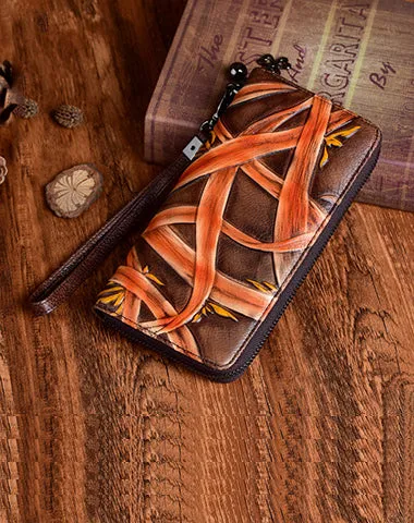 Handmade Bracketplant Brown Leather Wristlet Wallet Womens Zip Around Wallets Flowers Ladies Zipper Clutch Wallet for Women