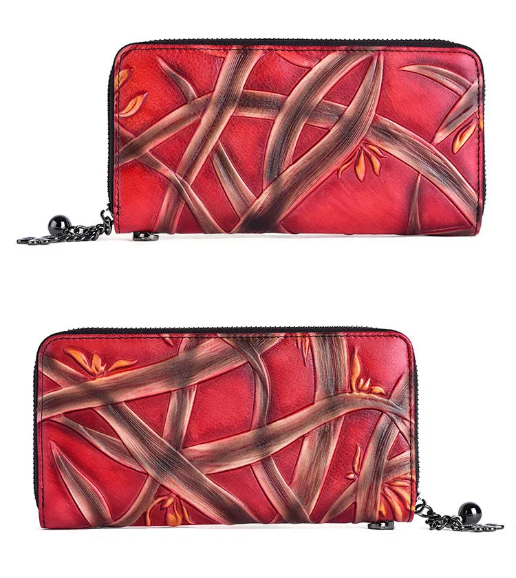 Handmade Bracketplant Brown Leather Wristlet Wallet Womens Zip Around Wallets Flowers Ladies Zipper Clutch Wallet for Women