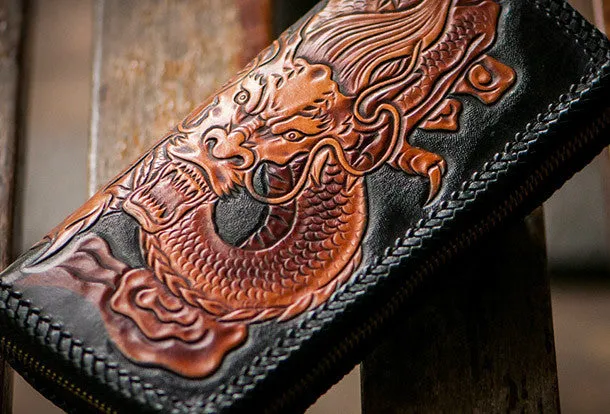 Handmade brown black leather floral Chinese dragon carved biker wallet Long wallet for men
