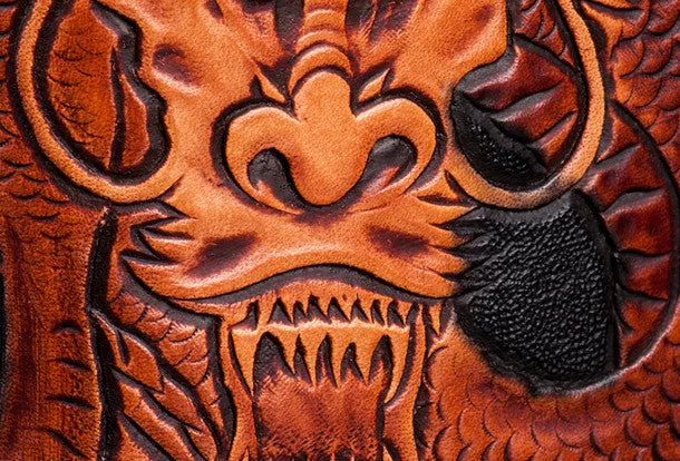 Handmade brown black leather floral Chinese dragon carved biker wallet Long wallet for men