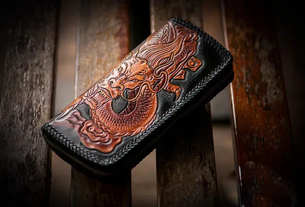 Handmade brown black leather floral Chinese dragon carved biker wallet Long wallet for men