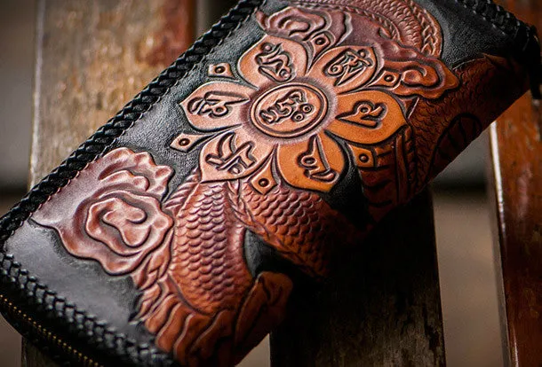 Handmade brown black leather floral Chinese dragon carved biker wallet Long wallet for men