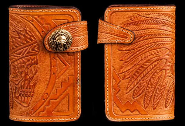 Handmade brown leather indian skull carved biker wallet bifold billfold wallet for men