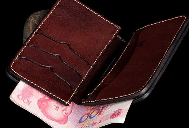 Handmade brown leather indian skull carved biker wallet bifold billfold wallet for men