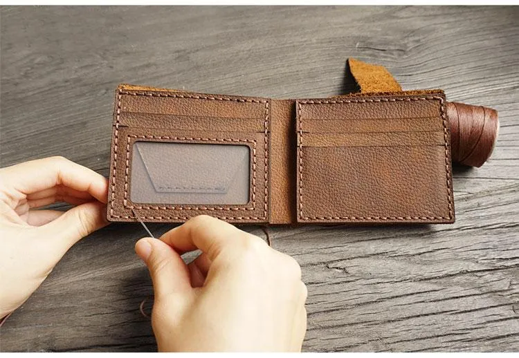 Handmade Brown Leather Mens Bifold Billfold Wallets Slim Small Wallet for Men