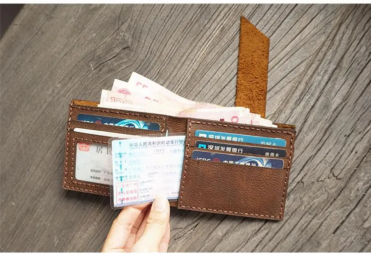 Handmade Brown Leather Mens Bifold Billfold Wallets Slim Small Wallet for Men