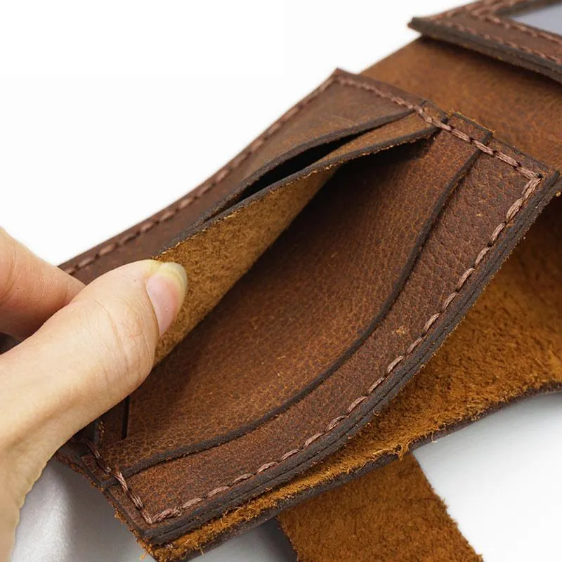Handmade Brown Leather Mens Bifold Billfold Wallets Slim Small Wallet for Men