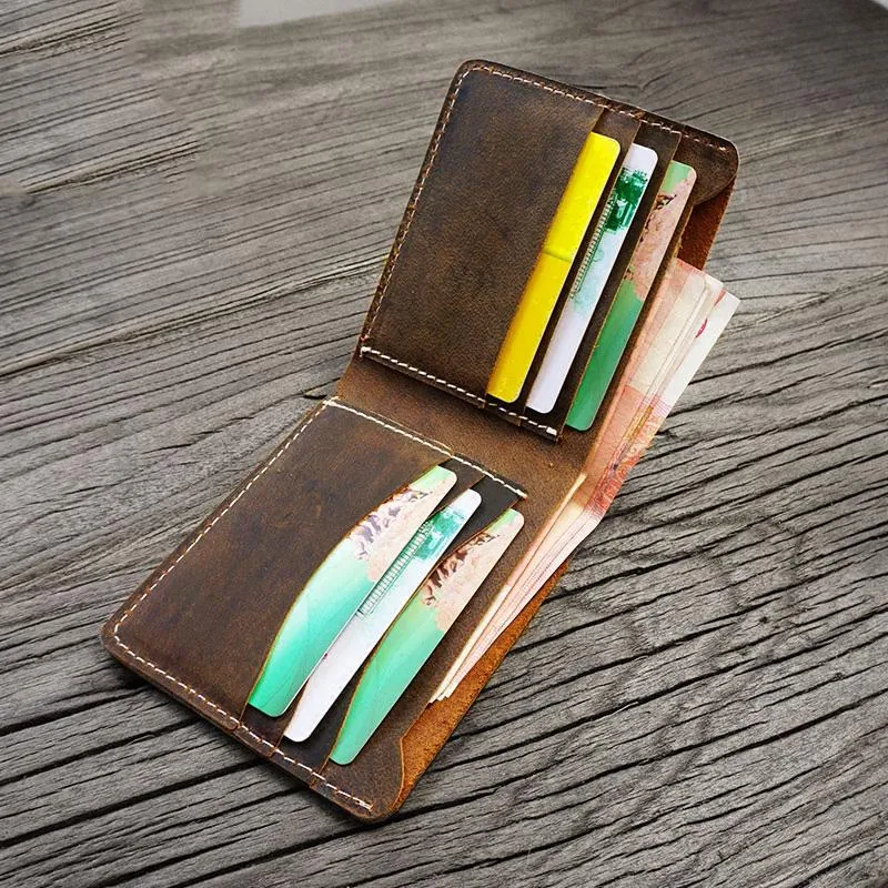 Handmade Brown Leather Mens Billfold Wallets Slim Brown Bifold Small Wallet for Men