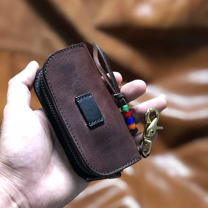 Handmade Brown Leather Mens Cool Key Wallets Car Key Change Coin Holder Car Key Case for Men