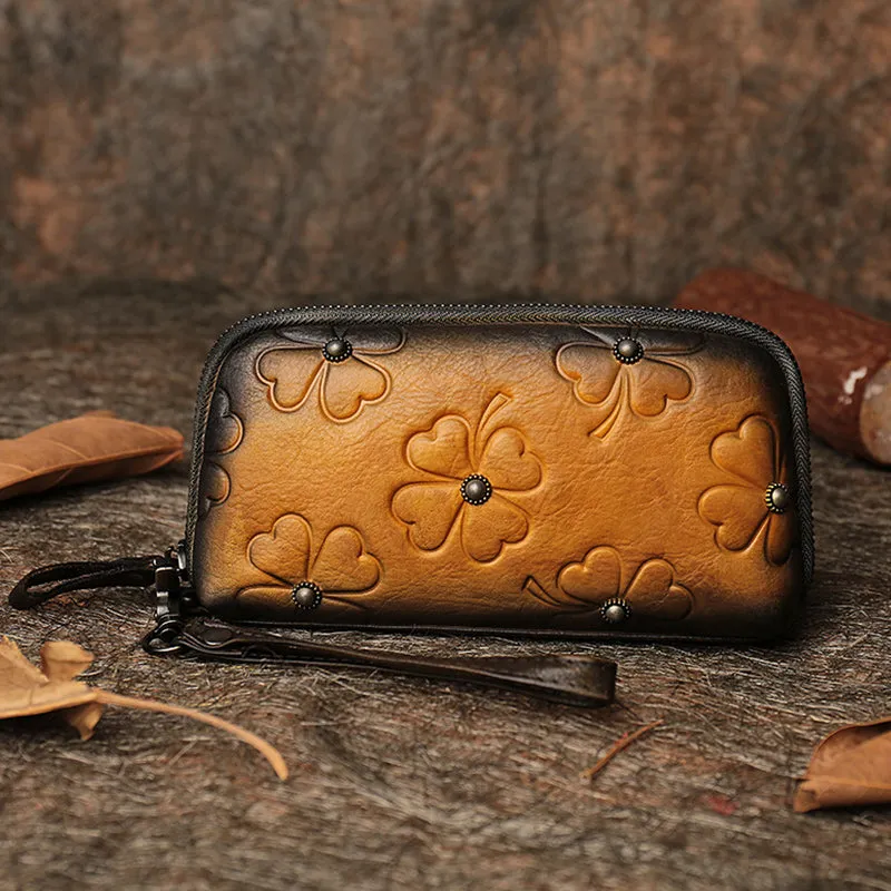 Handmade Brown Womens Clover Leather Long Wallet Zipper Clutch Wristlet Wallet for Women