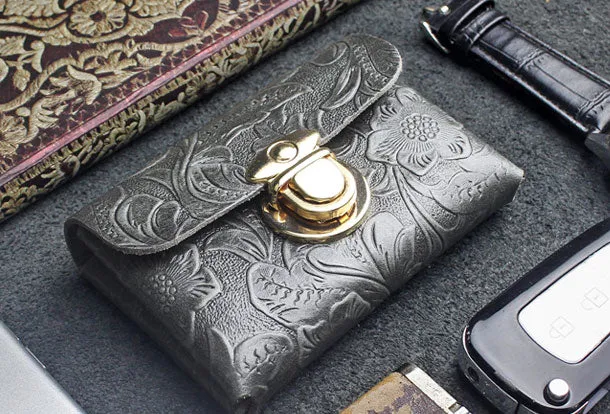 Handmade card leather change coin wallet flowral leather billfold wallet for men women