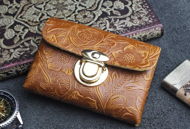 Handmade card leather change coin wallet flowral leather billfold wallet for men women