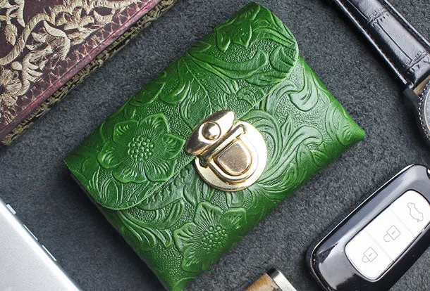 Handmade card leather change coin wallet flowral leather billfold wallet for men women