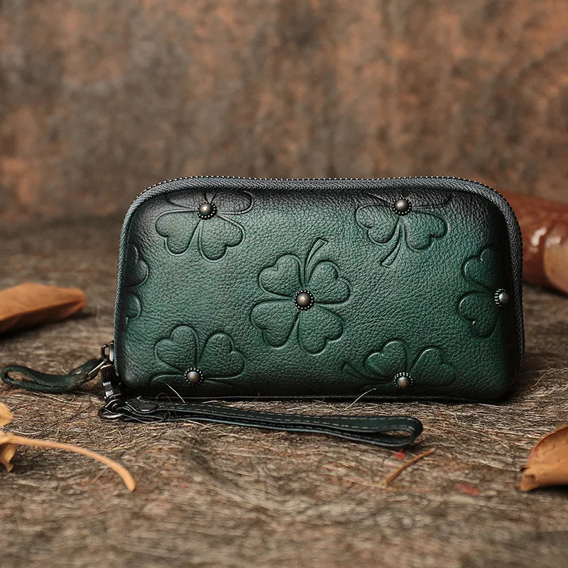 Handmade Clover Brown Leather Wristlet Wallets Womens Zip Around Wallet Ladies Cute Clutch Wallet for Women