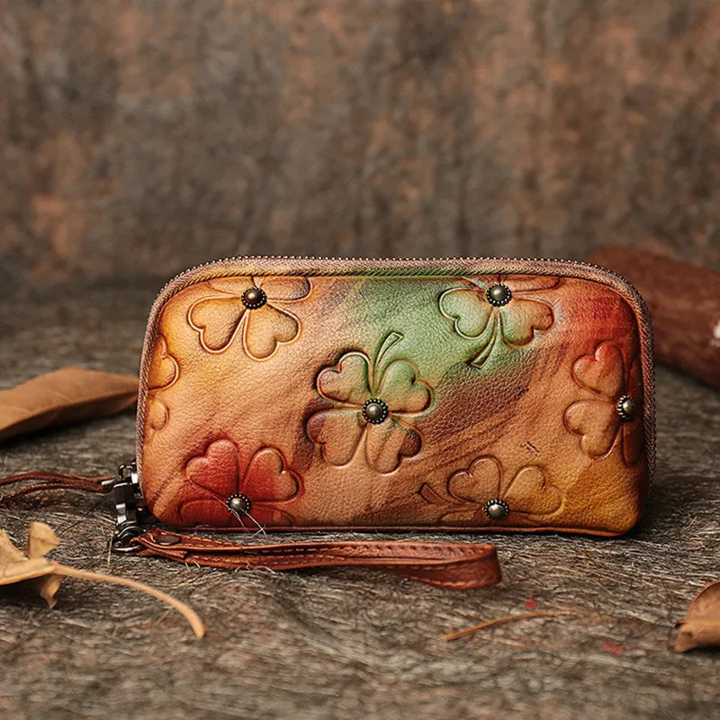 Handmade Clover Brown Leather Wristlet Wallets Womens Zip Around Wallet Ladies Cute Clutch Wallet for Women