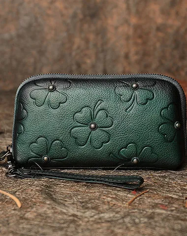 Handmade Clover Tan Leather Wristlet Wallets Womens Zip Around Wallet Ladies Cute Clutch Wallet for Women