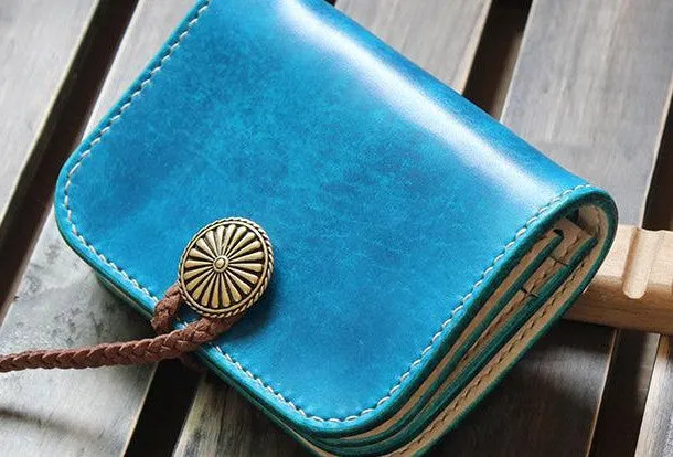 Handmade custom vintage purse leather wallet billfold small wallet blue women