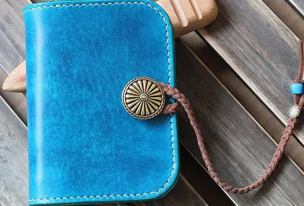 Handmade custom vintage purse leather wallet billfold small wallet blue women