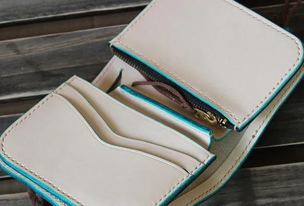 Handmade custom vintage purse leather wallet billfold small wallet blue women