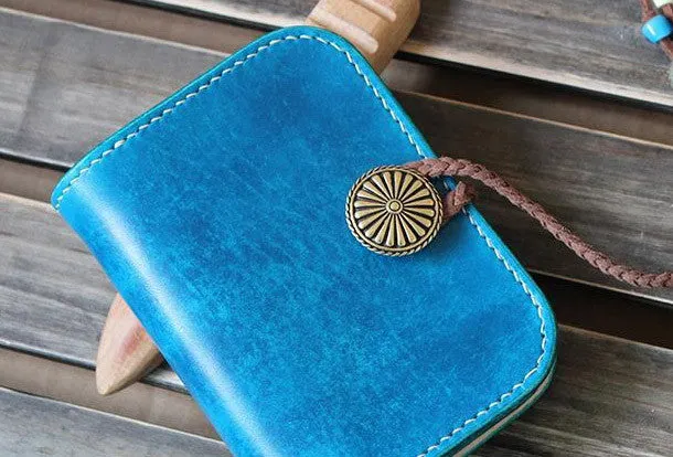Handmade custom vintage purse leather wallet billfold small wallet blue women