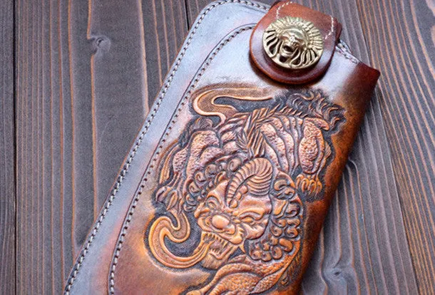 Handmade dark brown vintage leather biker wallet  bifold long wallet purse clutch for men