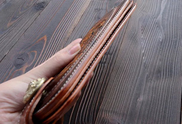 Handmade dark brown vintage leather biker wallet  bifold long wallet purse clutch for men