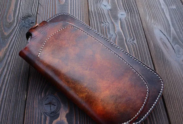 Handmade dark brown vintage leather biker wallet  bifold long wallet purse clutch for men
